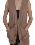 PINK MEMORIES Chic Sleeveless Cotton Cardigan Vest - Elegant Brown