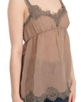PINK MEMORIES Elegant Lace Brown Linen Blouse