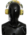 Dolce & Gabbana Chic White Leather Headphones with Yellow Print