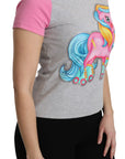 Moschino Chic Gray Crew Neck Cotton T-shirt with Pink Accents