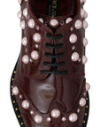 Dolce & Gabbana Elegant Bordeaux Lace-Up Flats with Pearls and Crystals