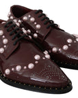 Dolce & Gabbana Elegant Bordeaux Lace-Up Flats with Pearls and Crystals