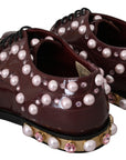 Dolce & Gabbana Elegant Bordeaux Lace-Up Flats with Pearls and Crystals