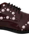 Dolce & Gabbana Elegant Bordeaux Lace-Up Flats with Pearls and Crystals
