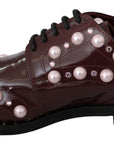Dolce & Gabbana Elegant Bordeaux Lace-Up Flats with Pearls and Crystals