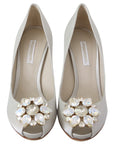 Dolce & Gabbana White Crystal Peep Toe Silk Blend Heels