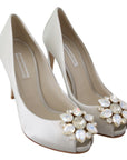 Dolce & Gabbana White Crystal Peep Toe Silk Blend Heels