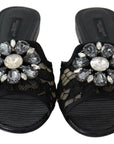 Dolce & Gabbana Elegant Black Lace Mules with Jewel Flower Detail