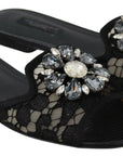Dolce & Gabbana Elegant Black Lace Mules with Jewel Flower Detail