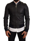 Dolce & Gabbana Elegant Leather Bomber Jacket in Dark Blue