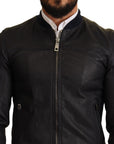 Dolce & Gabbana Elegant Leather Bomber Jacket in Dark Blue