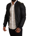 Dolce & Gabbana Elegant Leather Bomber Jacket in Dark Blue