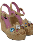 Dolce & Gabbana Beige Silk Strap Wedge Sandals