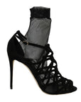 Dolce & Gabbana Black Suede Tulle Ankle Boot Sandals