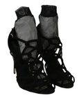 Dolce & Gabbana Black Suede Tulle Ankle Boot Sandals