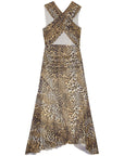 Ganni Ganni Leopard Marl Mesh Long Ruched Crossover Dress