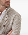 Brunello Cucinelli Brunello Cucinelli Mouliné virgin wool, silk and cashmere half English rib one-and-a-half breasted cardigan with metal buttons