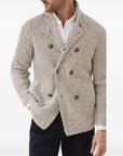 Brunello Cucinelli Brunello Cucinelli Mouliné virgin wool, silk and cashmere half English rib one-and-a-half breasted cardigan with metal buttons