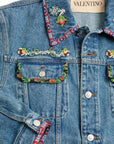 Valentino Valentino Bead-Embellished Floral-Trimmed Denim Jacket