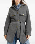 Brunello Cucinelli Brunello Cucinelli Virgin wool, cashmere and silk English rib belted cardigan with metal buttons