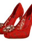Dolce & Gabbana Red Crystal Taormina Lace Heels Pumps