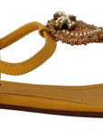 Dolce & Gabbana Mustard T-Strap Flat Sandals with Heart Embellishment