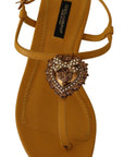 Dolce & Gabbana Mustard T-Strap Flat Sandals with Heart Embellishment