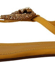 Dolce & Gabbana Mustard T-Strap Flat Sandals with Heart Embellishment