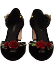 Dolce & Gabbana Black Crystal Rose Heel Sandals