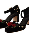 Dolce & Gabbana Black Crystal Rose Heel Sandals