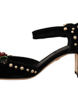Dolce & Gabbana Black Crystal Rose Heel Sandals