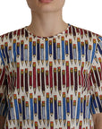 Dolce & Gabbana Chic White Pencil Print Short Sleeve Blouse