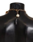 Dolce & Gabbana Elegant Faux Pearl Charm Necklace with Crystal Accents