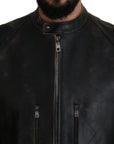 Dolce & Gabbana Elegant Black Leather Jacket with Silver Details