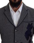 Dolce & Gabbana Elegant Gray Wool Blazer with Blue Rose Embroidery