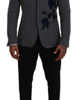 Dolce & Gabbana Elegant Gray Wool Blazer with Blue Rose Embroidery