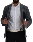 Dolce & Gabbana Elegant Gray Wool Blazer with Blue Rose Embroidery