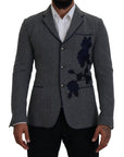 Dolce & Gabbana Elegant Gray Wool Blazer with Blue Rose Embroidery