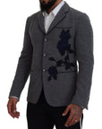 Dolce & Gabbana Elegant Gray Wool Blazer with Blue Rose Embroidery