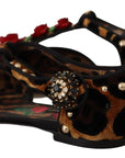 Dolce & Gabbana Floral Embellished Leopard T-Strap Sandals