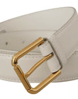 Dolce & Gabbana Chic White Leather Belt with Gold Engraved Buckle