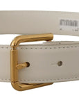 Dolce & Gabbana Chic White Leather Belt with Gold Engraved Buckle