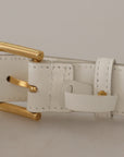 Dolce & Gabbana Chic White Leather Belt with Gold Engraved Buckle