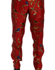 Dolce & Gabbana Elegant Silk Dress Trousers in Red Bird Print
