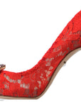 Dolce & Gabbana Chic Red Lace Heels with Crystal Embellishment