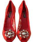 Dolce & Gabbana Chic Red Lace Heels with Crystal Embellishment