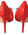 Dolce & Gabbana Chic Red Lace Heels with Crystal Embellishment