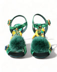 Dolce & Gabbana Green Crystal Mink Fur T-Strap Sandals