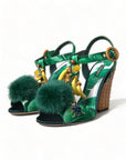 Dolce & Gabbana Green Crystal Mink Fur T-Strap Sandals
