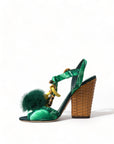 Dolce & Gabbana Green Crystal Mink Fur T-Strap Sandals